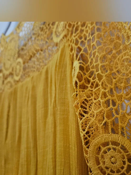 Indigo Rose Mustard Yellow Boho Crochet Lace Mini Dress | Bell Sleeve Bohemian M - Picture 5 of 10